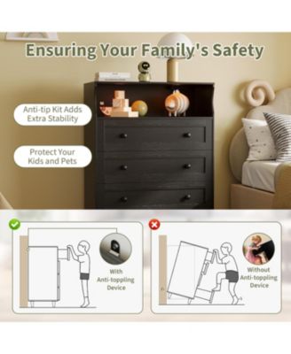 4-Drawer Wooden Dresser with LED Lights & Charging Station, Modern Nightstand Chest for Bedroom