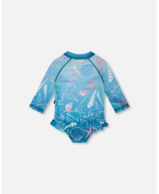 Baby Girls One-Piece Long Sleeve Rashguard Blue Shell Print