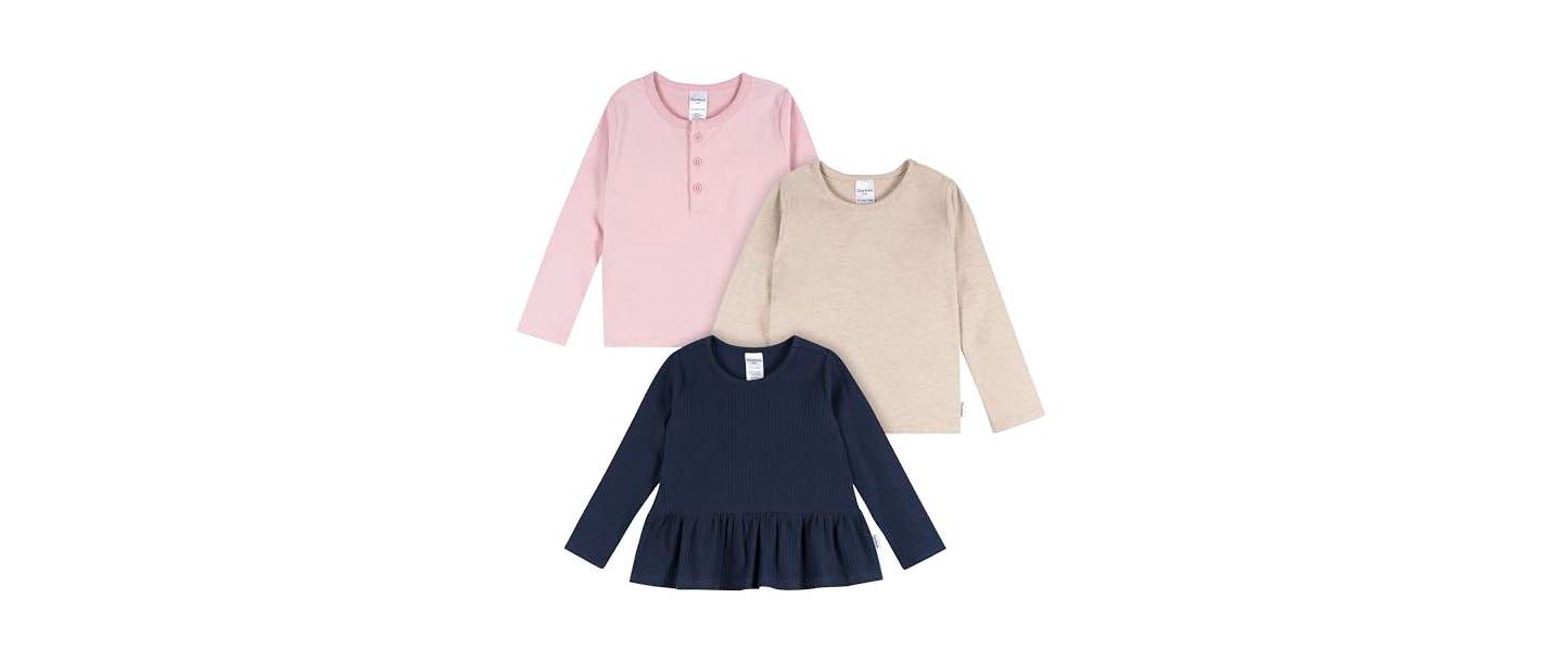 Рубашки Gerber 3-Pack Long Sleeve Shirts, Navy/Oatmeal/Violet, 5T для девочек-малышей, цвет: Тёмно-синий — фото 8
