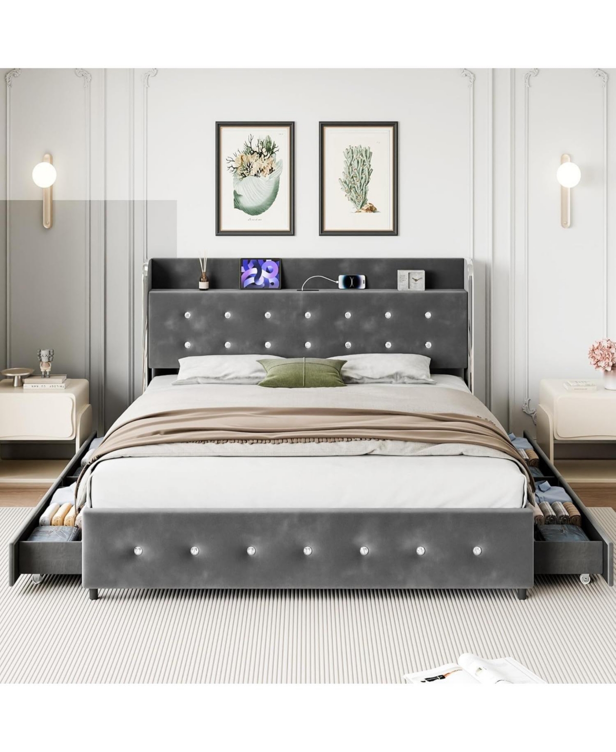 gaomon Full Upholstered Platform Bed Frame with Trundle & 4 Storage Drawers