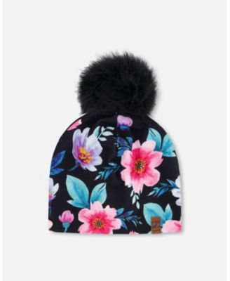 Baby Girls Stretch Jersey Hat Black Printed Flowers with Pompom