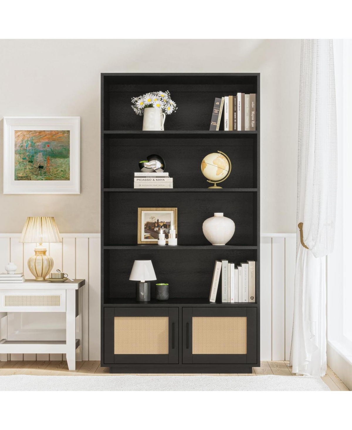 gaomon 5 Tier Bookshelf, Boho Bookcase with Rattan Doors, Wooden and Bookshelf Storage, Tall Book Stand, Large for Living Room