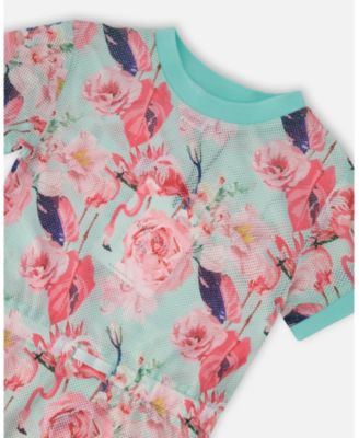 Girl Mesh Beach Dress Blue Flamingo Print - Toddler|Child