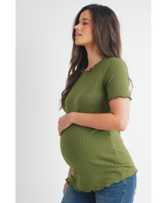 Women's Maternity Ribbed Crew Neck Short Sleeve Top with Lettuce Hem