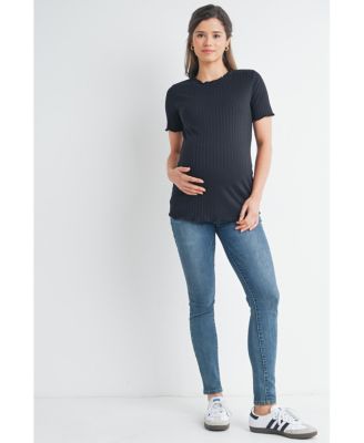 Women's Maternity Ribbed Crew Neck Short Sleeve Top with Lettuce Hem