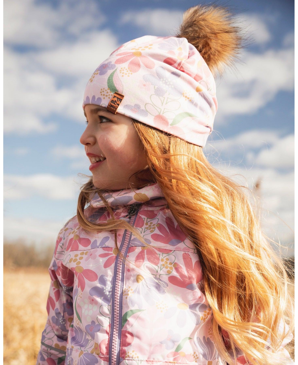 Deux par Girls Stretch Jersey Hat Pink Flower Print with Pompom -Child