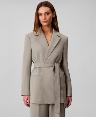 Women's Casual Twill Collared Belted Blazer