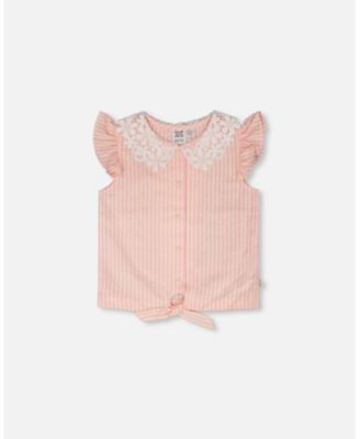 Toddler Girls Sleeveless Shirt Pink and Yellow Stripes with Crochet Collar - Toddler|Child