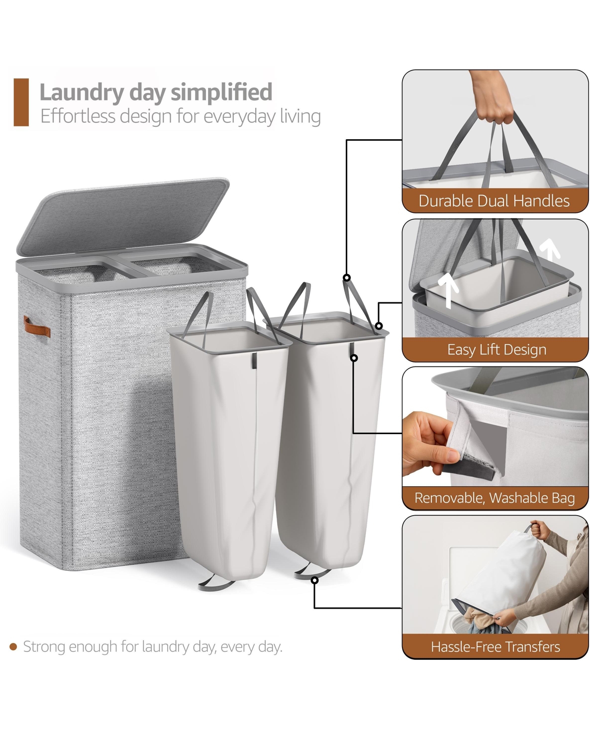 Sorbus 2-Compartment Laundry Basket with Removable Laundry Bag - Durable Organizer for Bathroom, Bedroom, or Laundry Room - Space Saving Design
