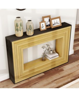 Modern Contrast Entryway Table Console Table with Layered Wood Frame and Black Top