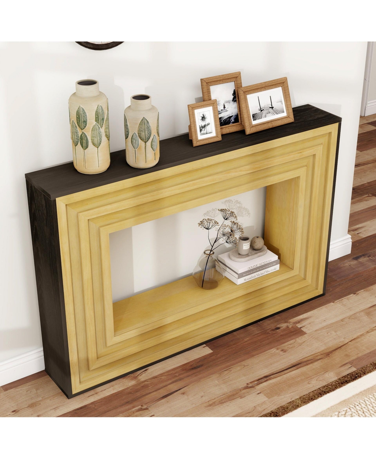 Boyel Living Modern Contrast Entryway Table Console Table with Layered Wood Frame and Black Top