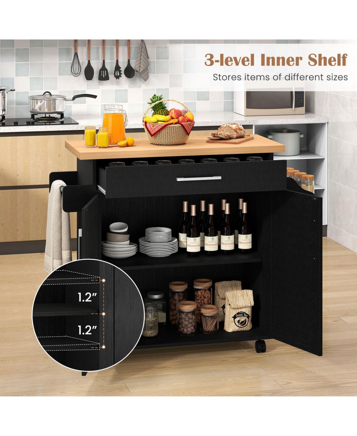 Volenca Kitchen Island Cart with Towel Rack and Spice