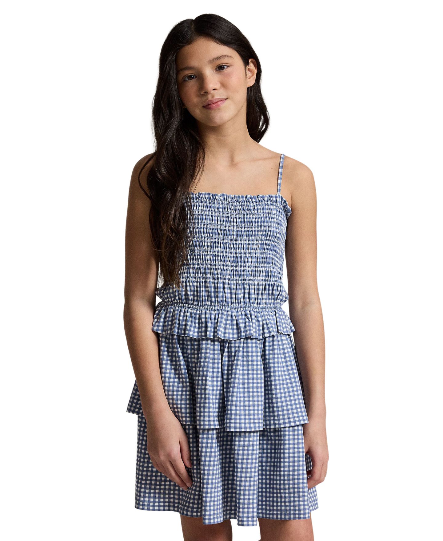 Платье Polo Ralph Lauren Plaid Smocked Straight Neck Jersey Dress для девочек, цвет: Синий в мелкую клетку — фото 1