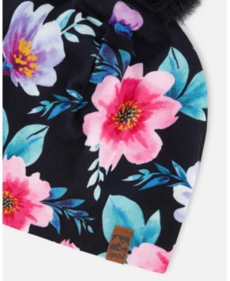 Girl Stretch Jersey Hat Black Printed Flowers with Pompom - Toddler|Child