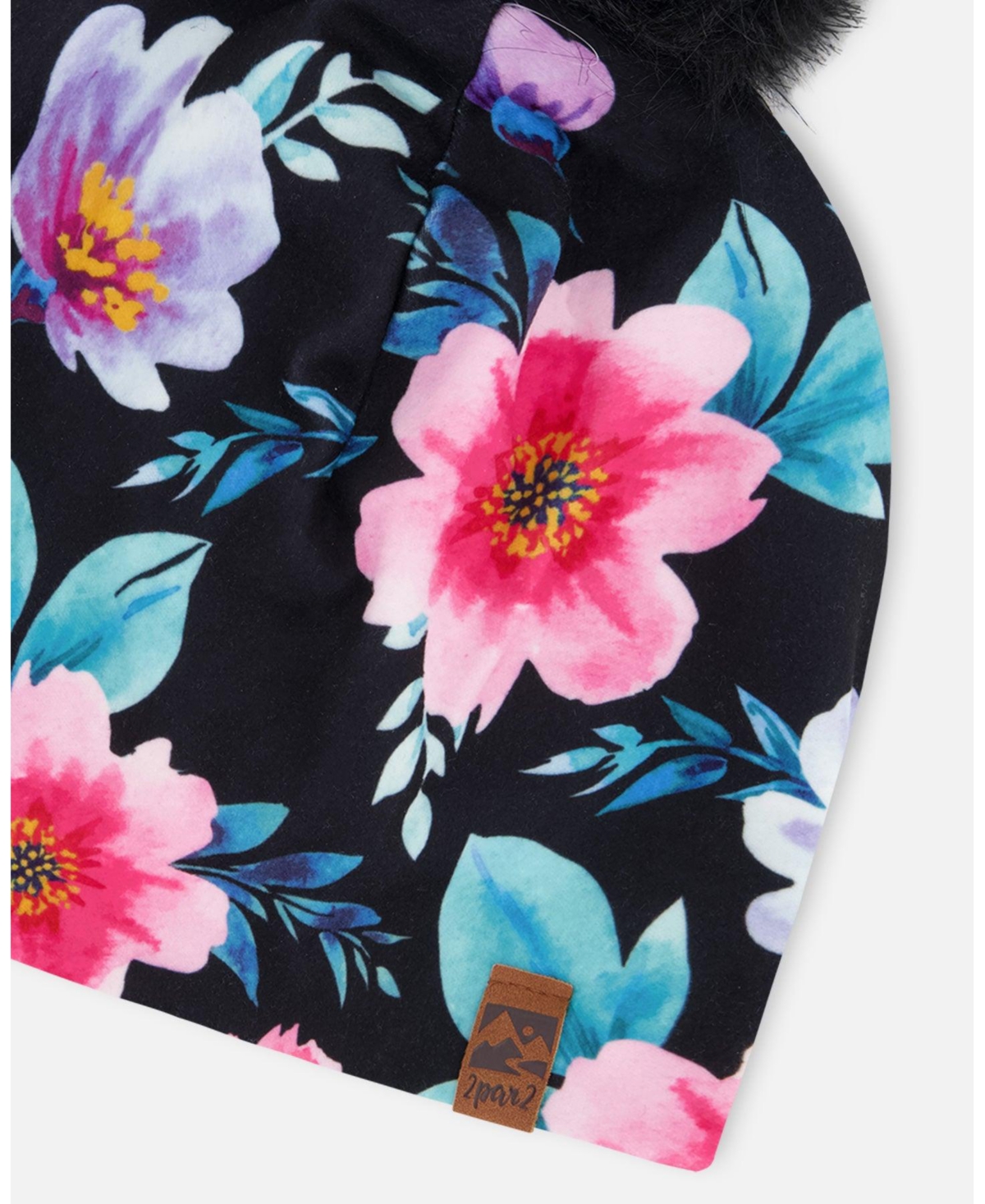 Deux par Girl Stretch Jersey Hat Black Printed Flowers with Pompom - Toddler|Child