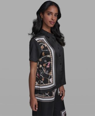 Women's Collared Short-Sleeve Printed Top