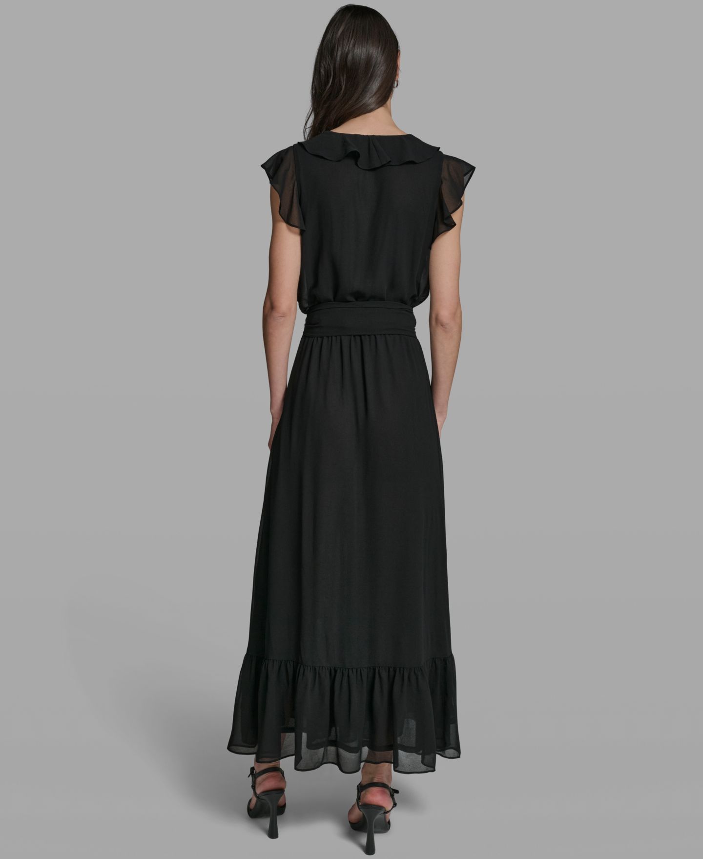 Женское платье KARL LAGERFELD PARIS V-Neck Ruffle Trim, цвет: Чёрный — фото 5