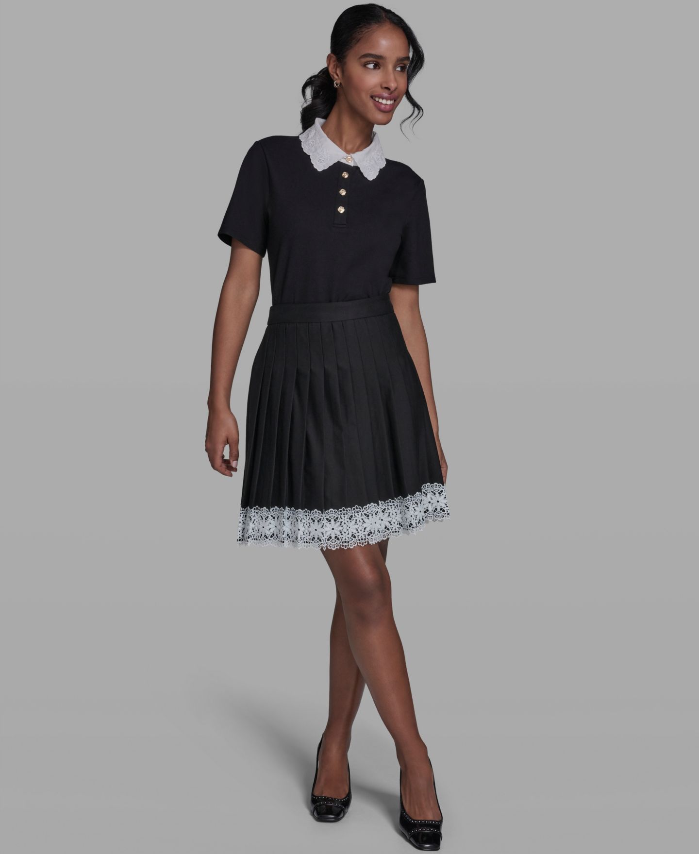 Женская юбка KARL LAGERFELD PARIS Pleated Lace Trim, цвет: Чёрный — фото 2