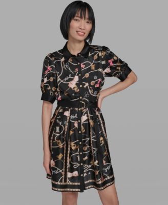 Women's Printed Collared Belt Shirt Dress