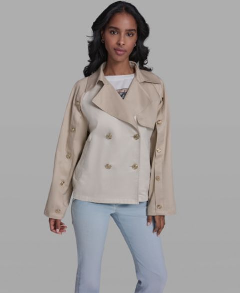 Женские куртки KARL LAGERFELD PARIS Crop Trench Button-Sleeve Quilted Back Jacket