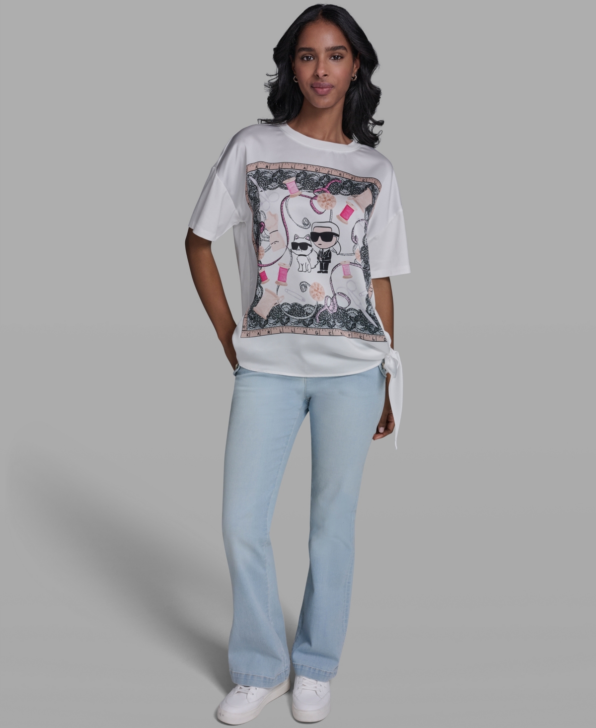 Karl Lagerfeld Paris Women's & Choupette Frame Side Tie Crew Neck T-Shirt