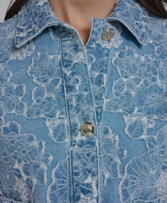 Women's Collared Long-Sleeve Floral Print Denim Jacket