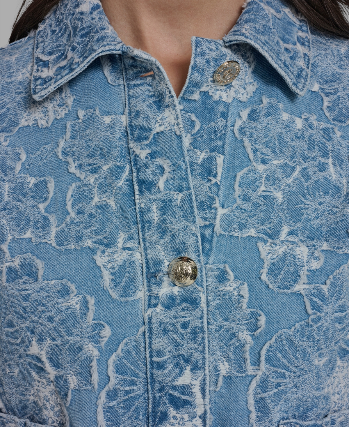 Karl Lagerfeld Paris Women's Collared Long-Sleeve Floral Print Denim Jacket