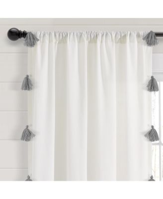 Boho Faux Linen Texture Tassel Window Curtain Panel Single 52"W x 84"L White & Gray - White Curtains For Bedroom - Living Room Curtains