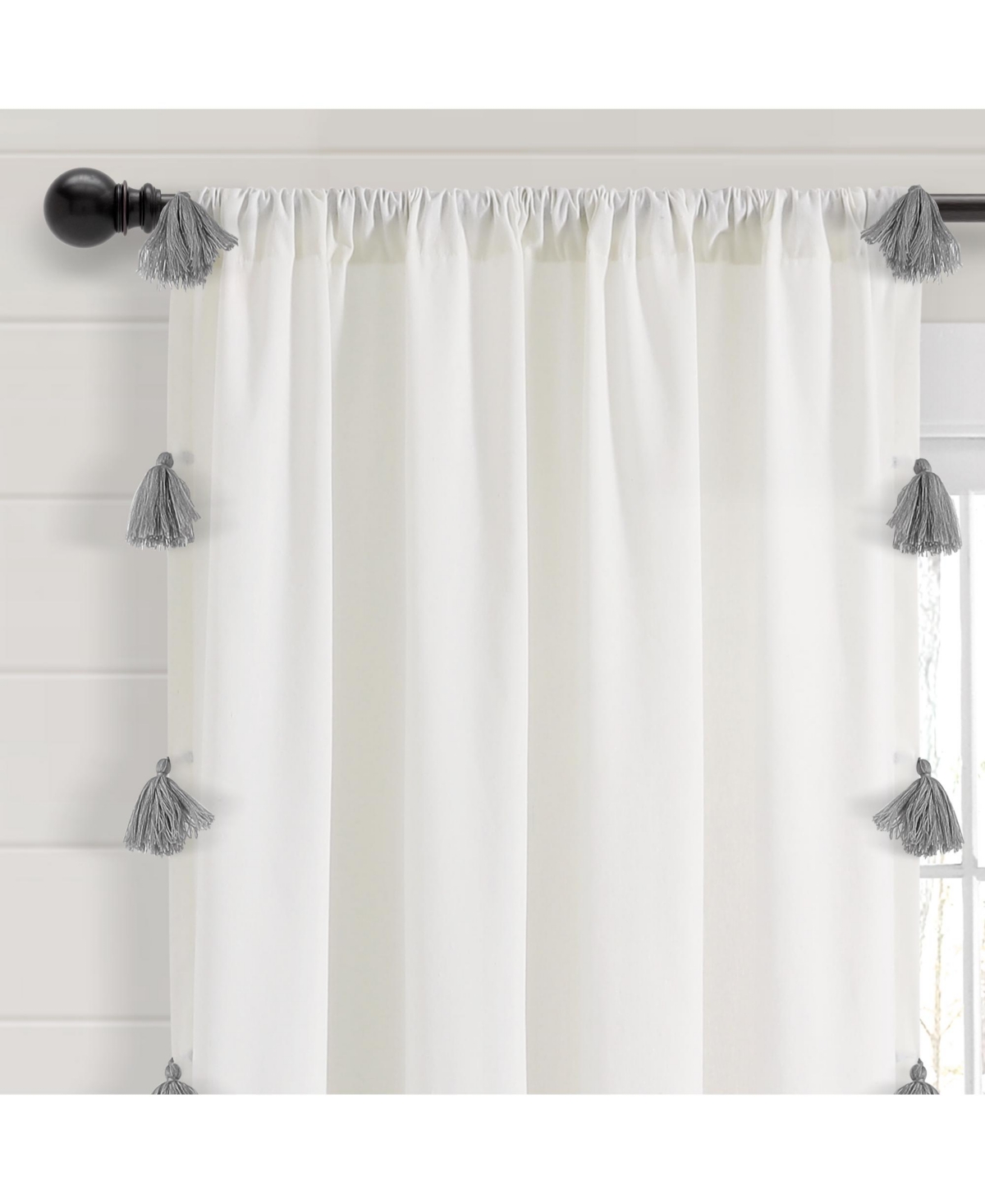 Lush Decor Boho Faux Linen Texture Tassel Window Curtain Panel Single 52"W x 84"L White & Gray - White Curtains For Bedroom