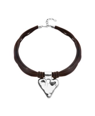 Mixed Dark Brown Silk And Leather Thread Necklace with Sterling Silver Heart Detail