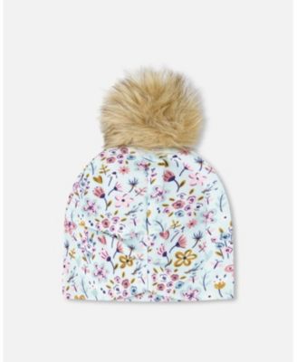 Baby Girls Stretch Jersey Hat Blue Mini Flower Print with Pompom