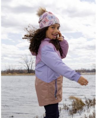 Girl Stretch Jersey Hat Pink Printed Butterflies with Pompom