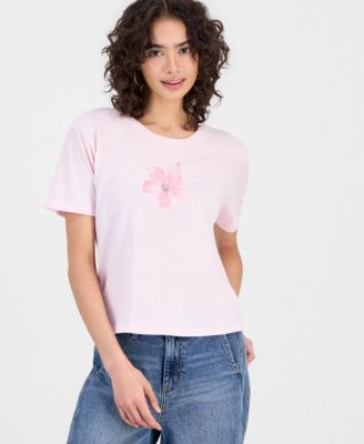 Juniors' Hibiscus Embellished Graphic-Print Tee