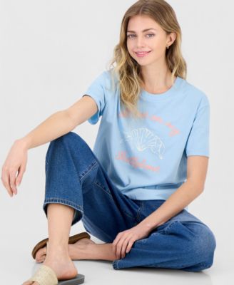 Juniors' Shell Phone Graphic Crewneck Short-Sleeve T-Shirt 