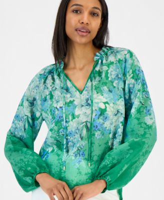 Women's Printed Blouson-Sleeve Blouse