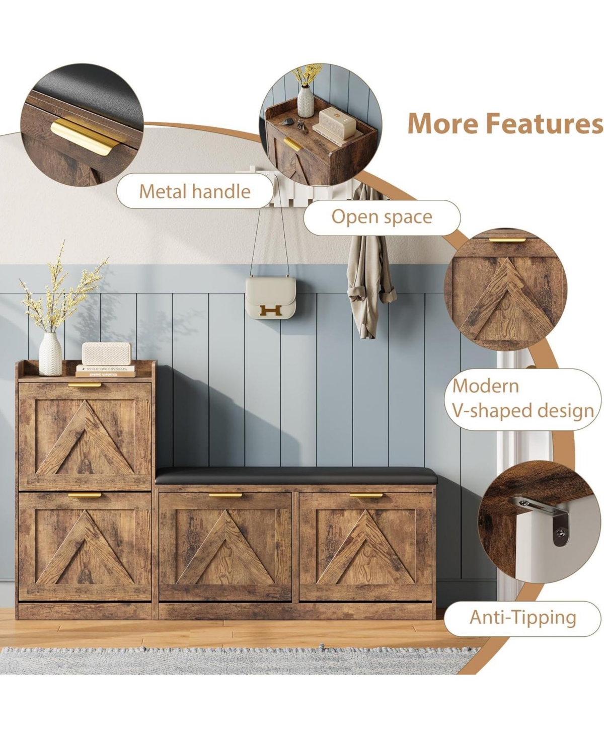 gaomon Farmhouse Entryway Shoe Cabinet with Bench & 4 Flip Drawers, Comfort Cushioned Shoe Storage