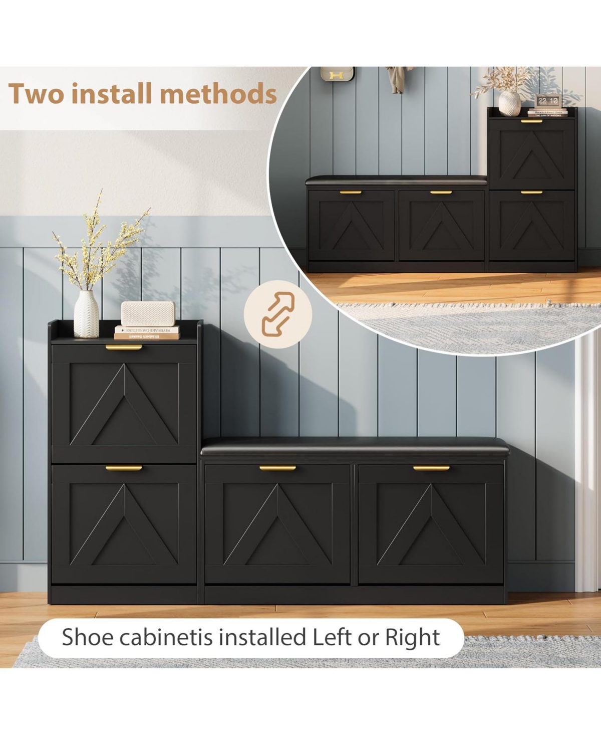 gaomon Farmhouse Entryway Shoe Cabinet with Bench & 4 Flip Drawers, Comfort Cushioned Storage Bench, Freestanding Organizer