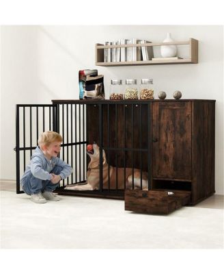 Space-Saving Dog Crate End Table, 2-in-1 Furniture with Hidden Pull-Out Food Bowls & Durable Chew-Proof Frame