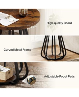 Small Round Side Table, 2-Tier Sofa End Table with Metal Frame and Lower Shelf, Wooden Bedside Nightstand, Vintage Brown & Black