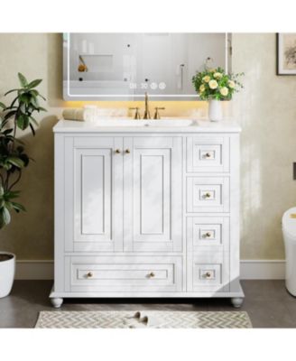 36-Inch Bathroom Vanity with Ceramic Sink Combo, Freestanding Bathroom Storage Vanity Cabinet with 2 Doors & 4 Drawers And Undermount Sink