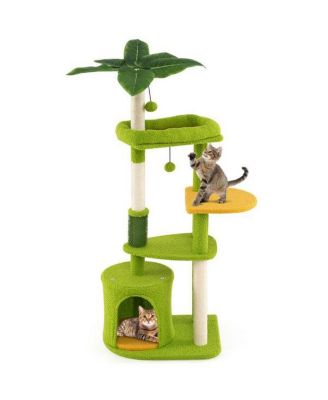 Tropical-Themed Cat Tree with Self-Grooming Brush, 48-Inch Space-Saving Design with Scratching Posts, Green and Orange Leaves