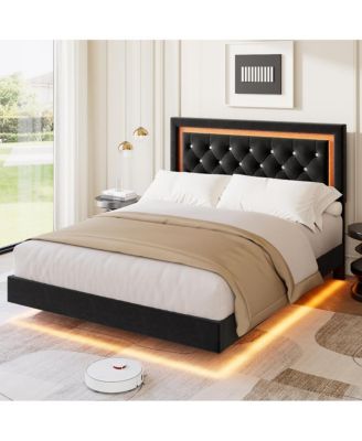 gaomon Floating Bed Frame Size with Smart Led Lights, Upholstered Platform Bed with Diamond Headboard, Solid Wood Slats Support, No Box Spring Needed