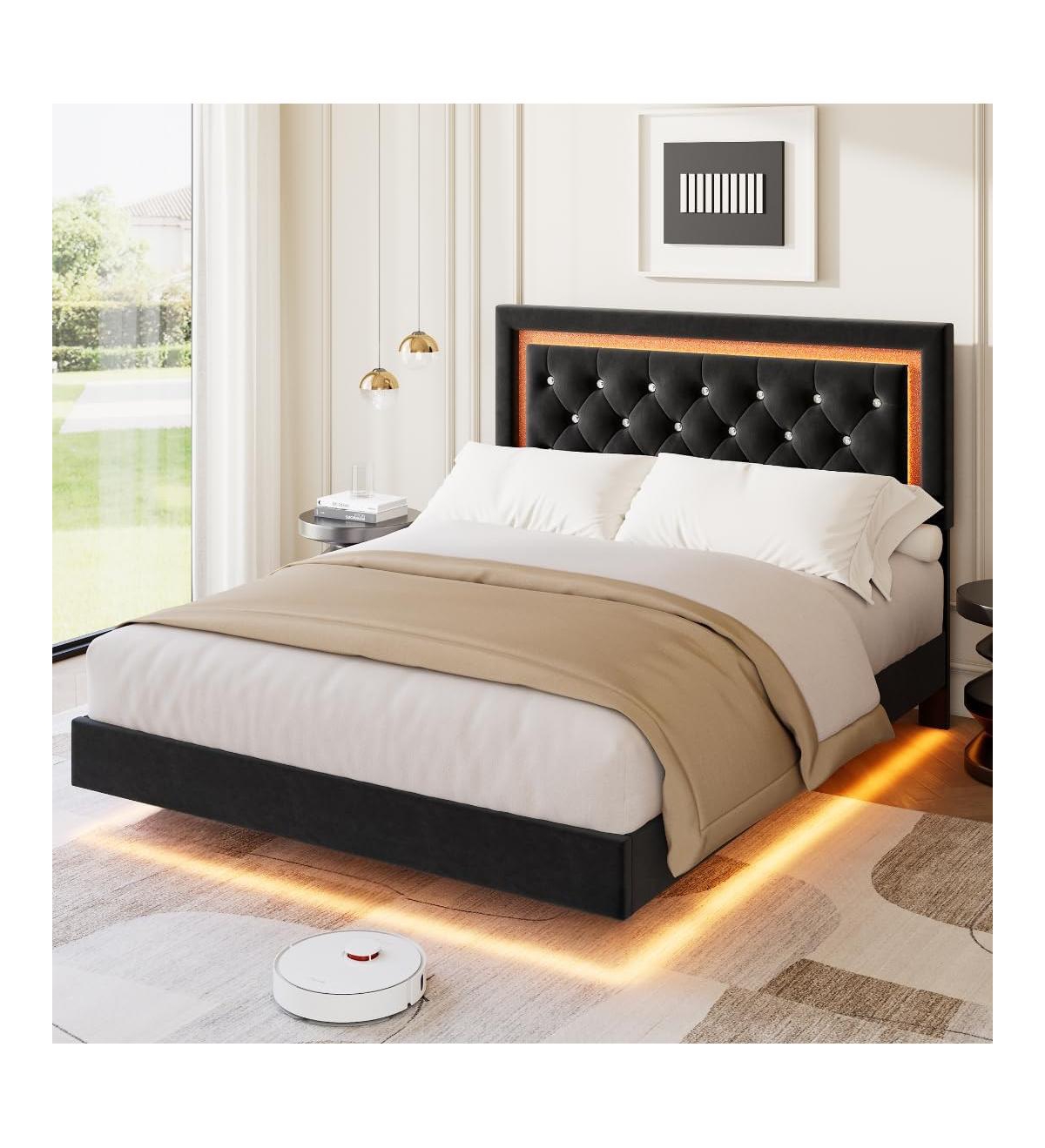 gaomon Floating Bed Frame with Smart Led Lights, Upholstered Platform Diamond Headboard, Solid Wood Slats Support