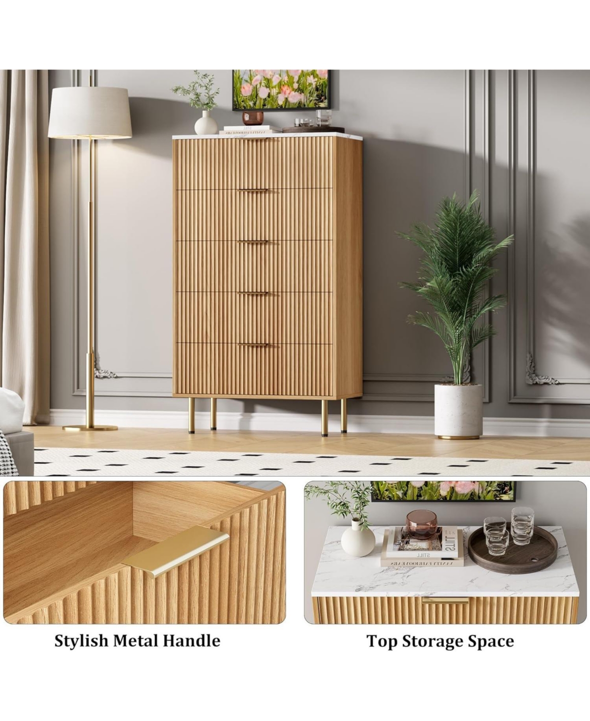 Gaomon Oak 5-Drawer Fluted Dresser, Modern Wooden Chest with Wide Storage Space