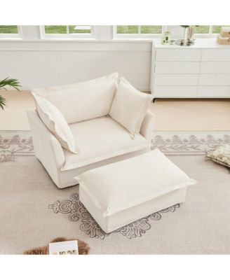 Upholstered Slipcovered Armchair with Ottoman, Chenille Single Seat Sofa Couches Armchair with 2 Large Soft Pillows