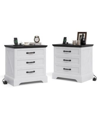 Modern Farmhouse Wood Nightstand Set of 2 with Charging Station & 3 Large Drawers
