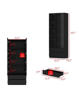 Display Cabinet with 2 Glass Doors and Lights, 4-Tier Storage Shelves and 2 Drawers