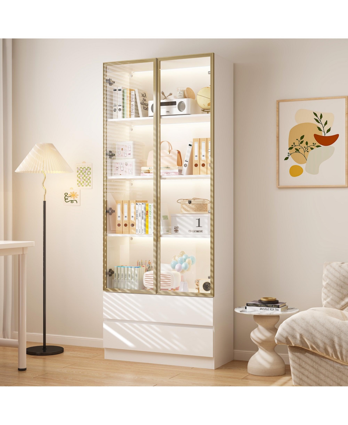 Famapy White Wood Accent Storage Cabinet With Tempered Glass Doors