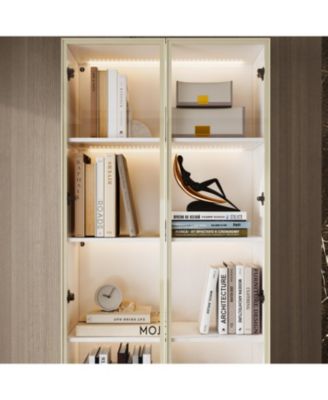 Display Cabinet with 2 Glass Doors and Lights, 4-Tier Storage Shelves and 2 Drawers