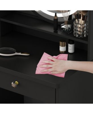 Light Mirror 5-Drawers Black Wood Makeup Vanity Set Dressing Desk